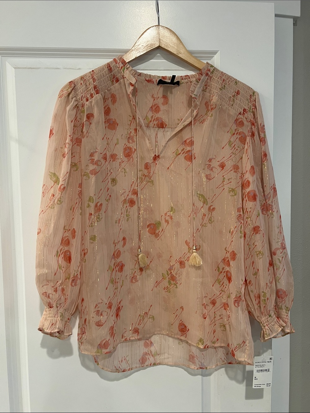 PAIGE Peach Floral Sheer Blouse with Tassel Tie